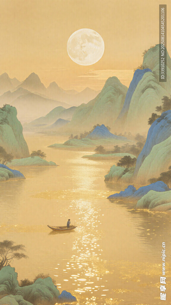 月夜江景 孤舟泛于山水間