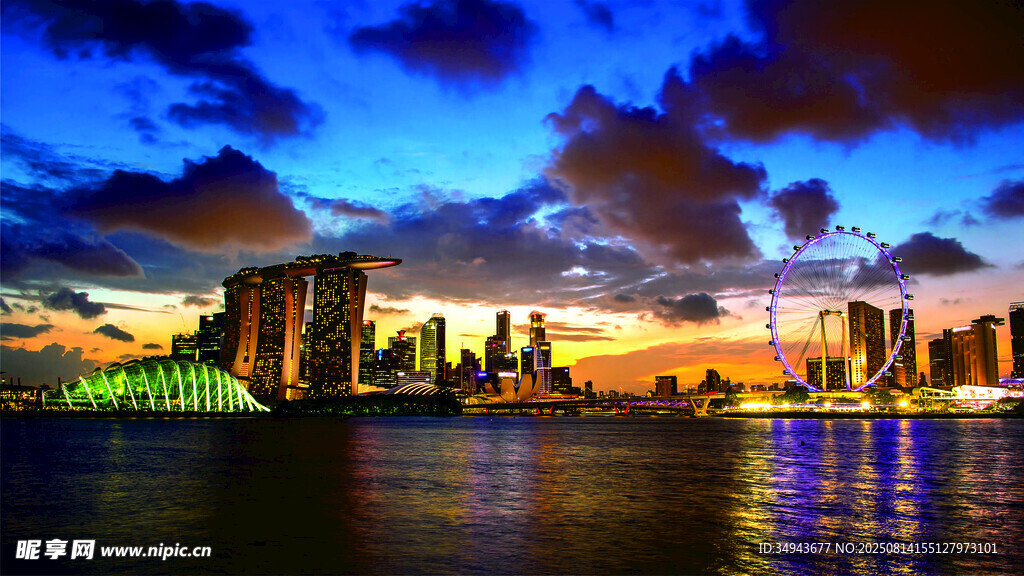 城市河畔絢麗黃昏夜景