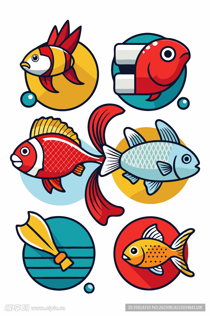 多彩卡通魚類圖標集合