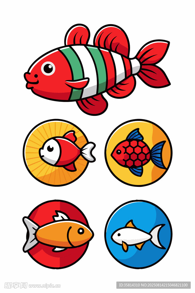 多彩卡通魚類圖標集合