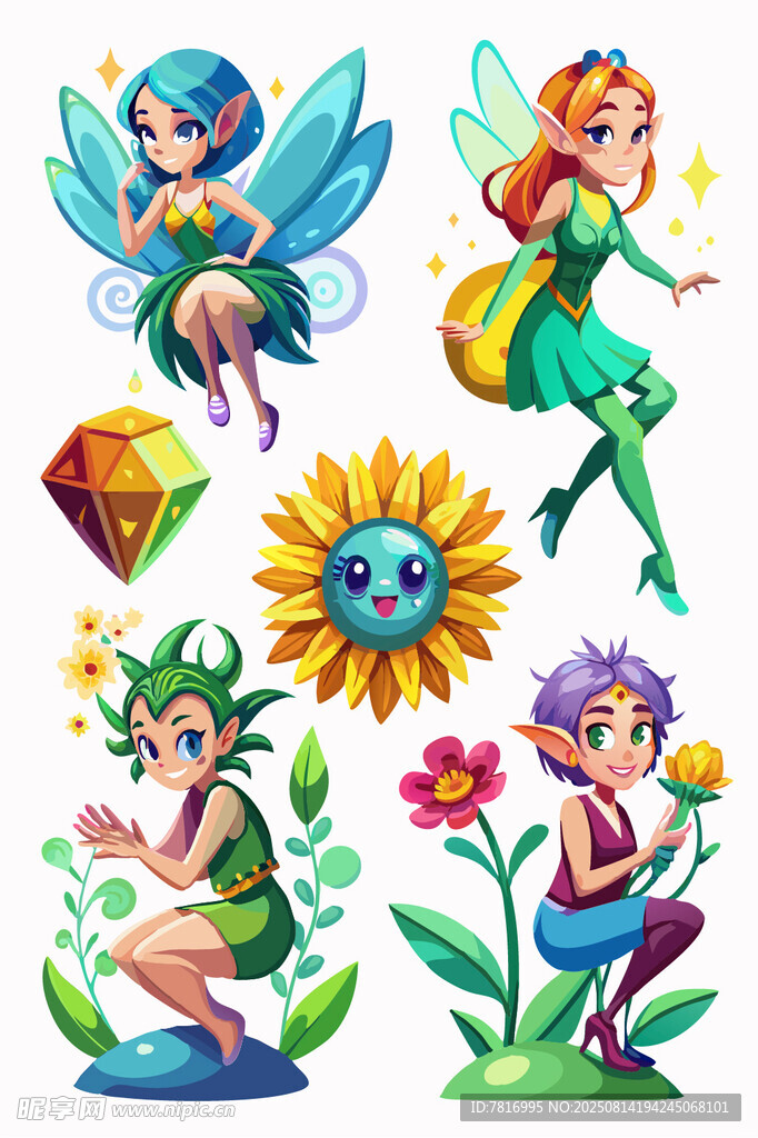 可愛精靈與花朵插畫