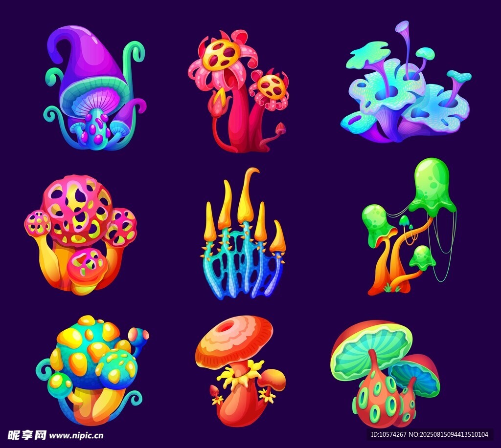 奇幻多彩卡通菌類生物集合