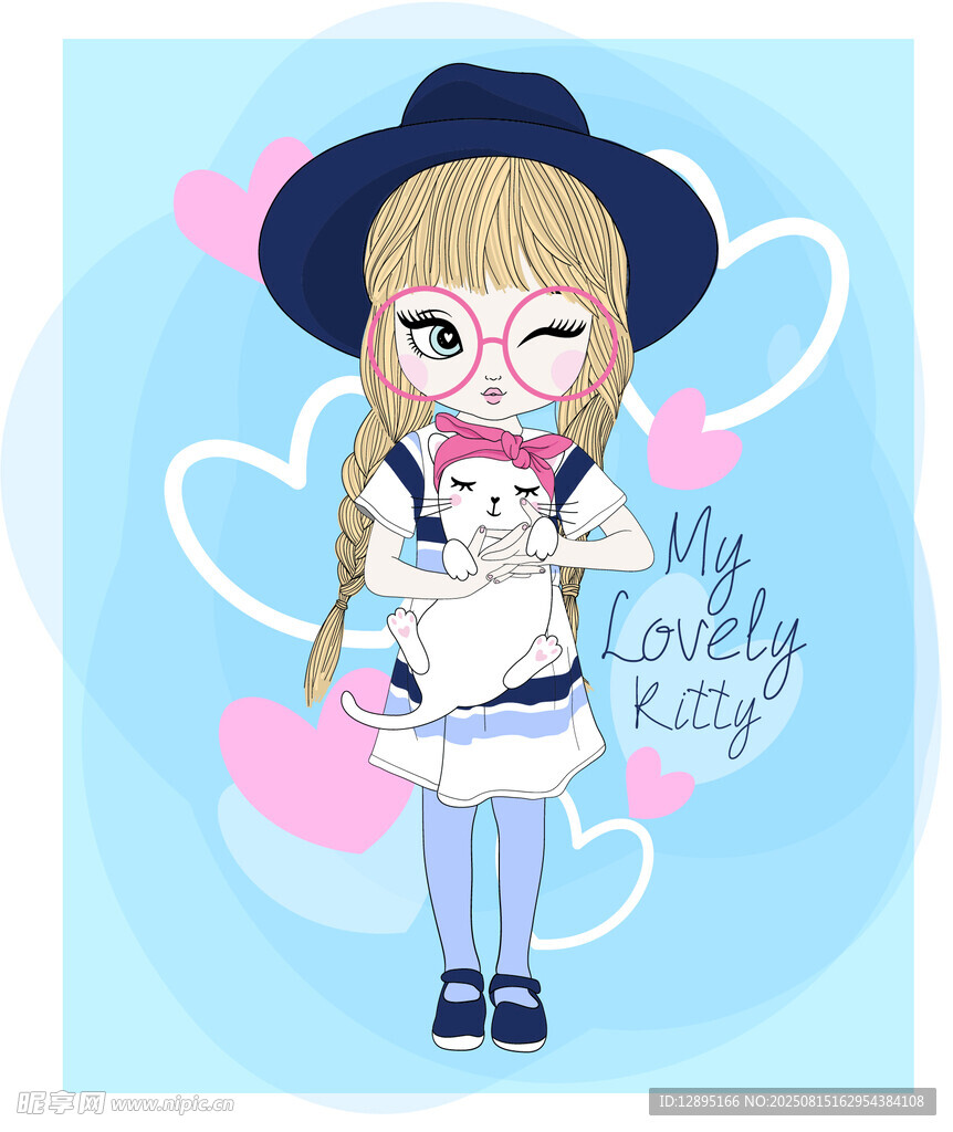可愛女孩抱貓插畫