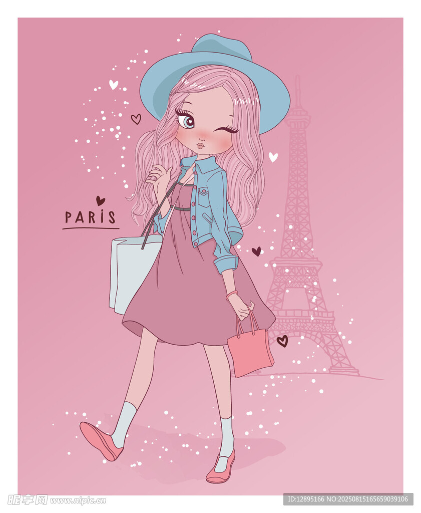 粉色系可愛女孩購物插畫