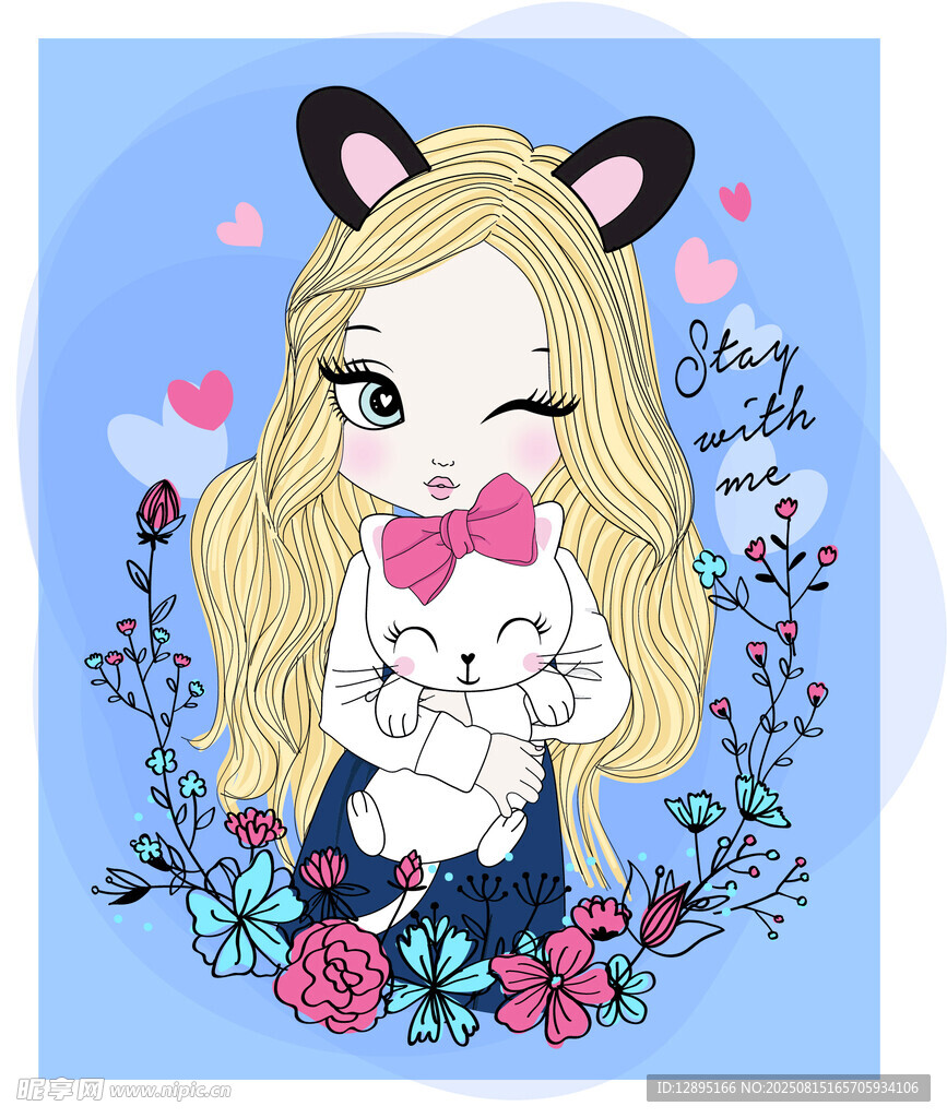 可愛(ài)貓耳女孩與貓咪插畫