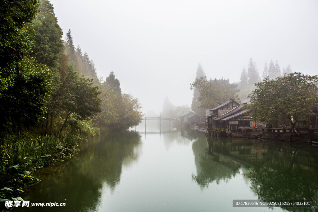 霧中河畔景致