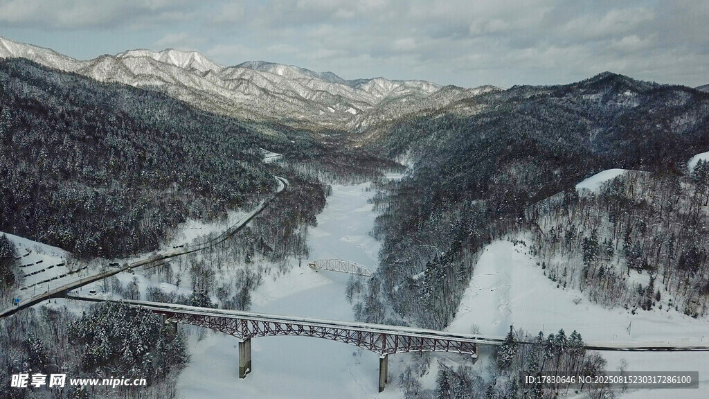 冬日雪景中的山谷橋梁