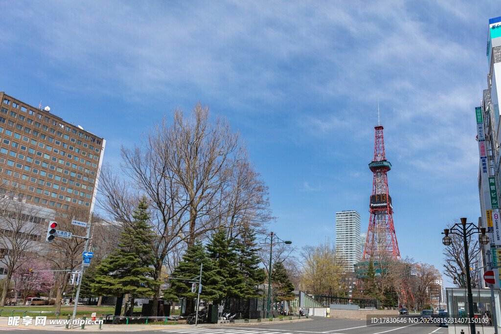 城市街道旁的高聳鐵塔景觀