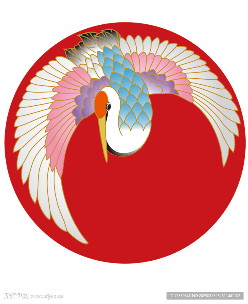 圓形紅底上的精美仙鶴圖案