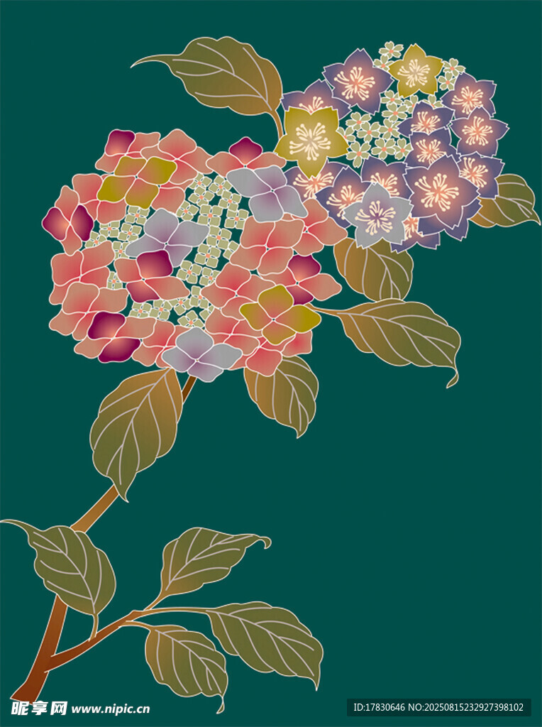 手繪繡球花枝圖案