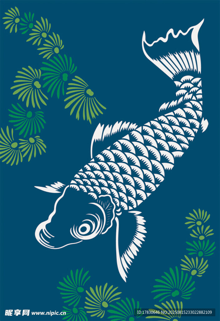 藍(lán)底白紋錦鯉與綠植圖案