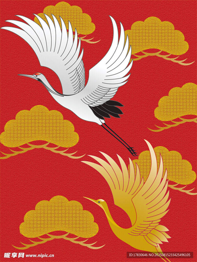 紅底雙鶴祥云吉祥圖案