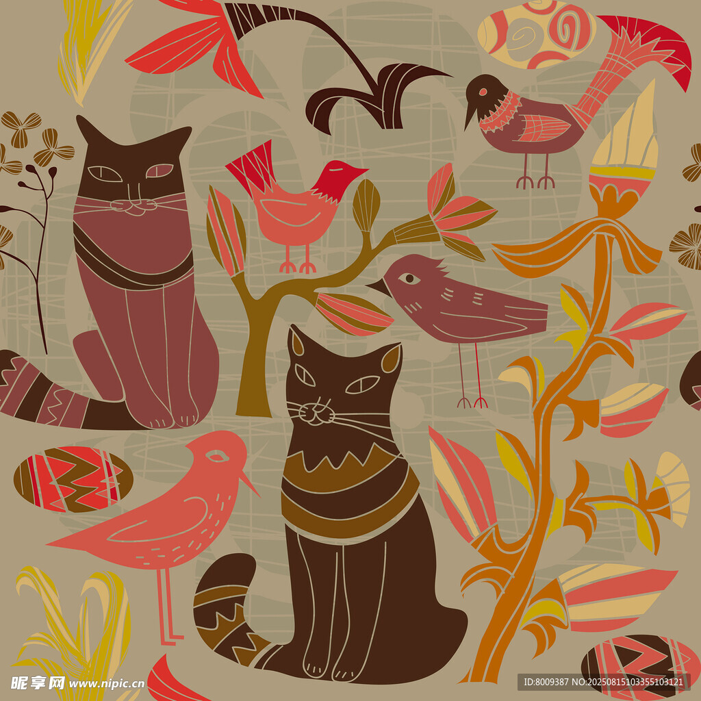 貓咪與花鳥(niǎo)的夢(mèng)幻插畫(huà)