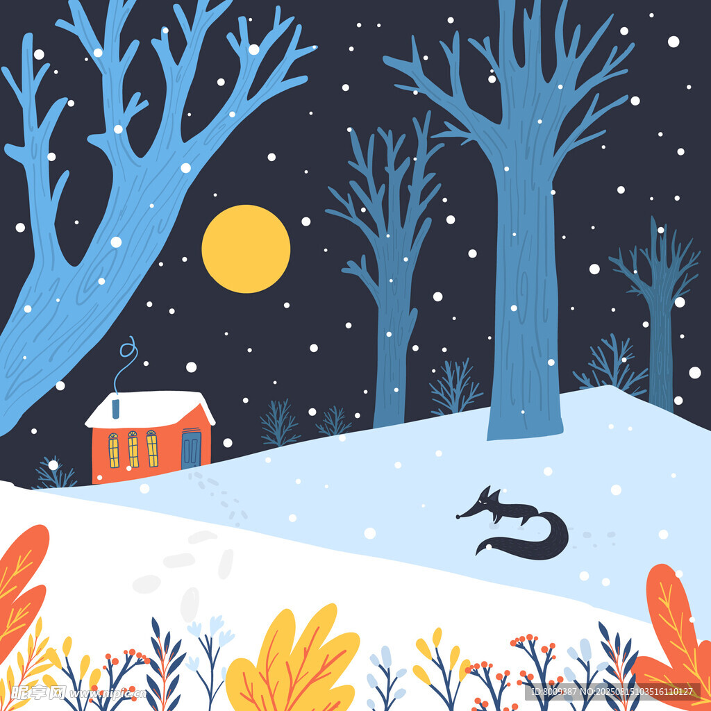 冬夜雪景中的小屋與動物