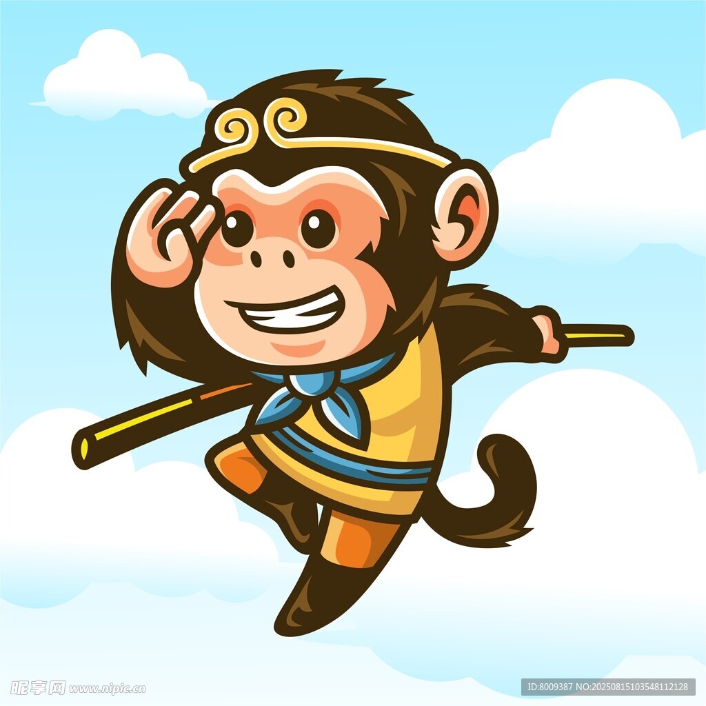 卡通小猴持棍歡樂跳躍