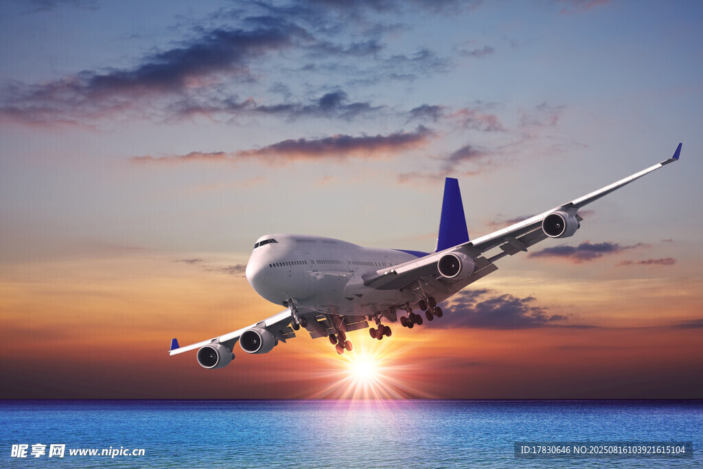 夕陽下飛機飛越海面