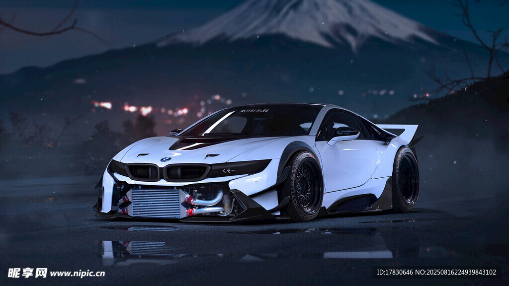 炫酷跑車與富士山夜景