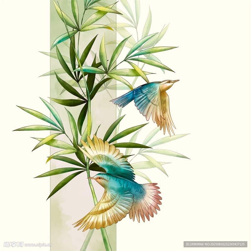 翠竹間雙鳥飛舞圖