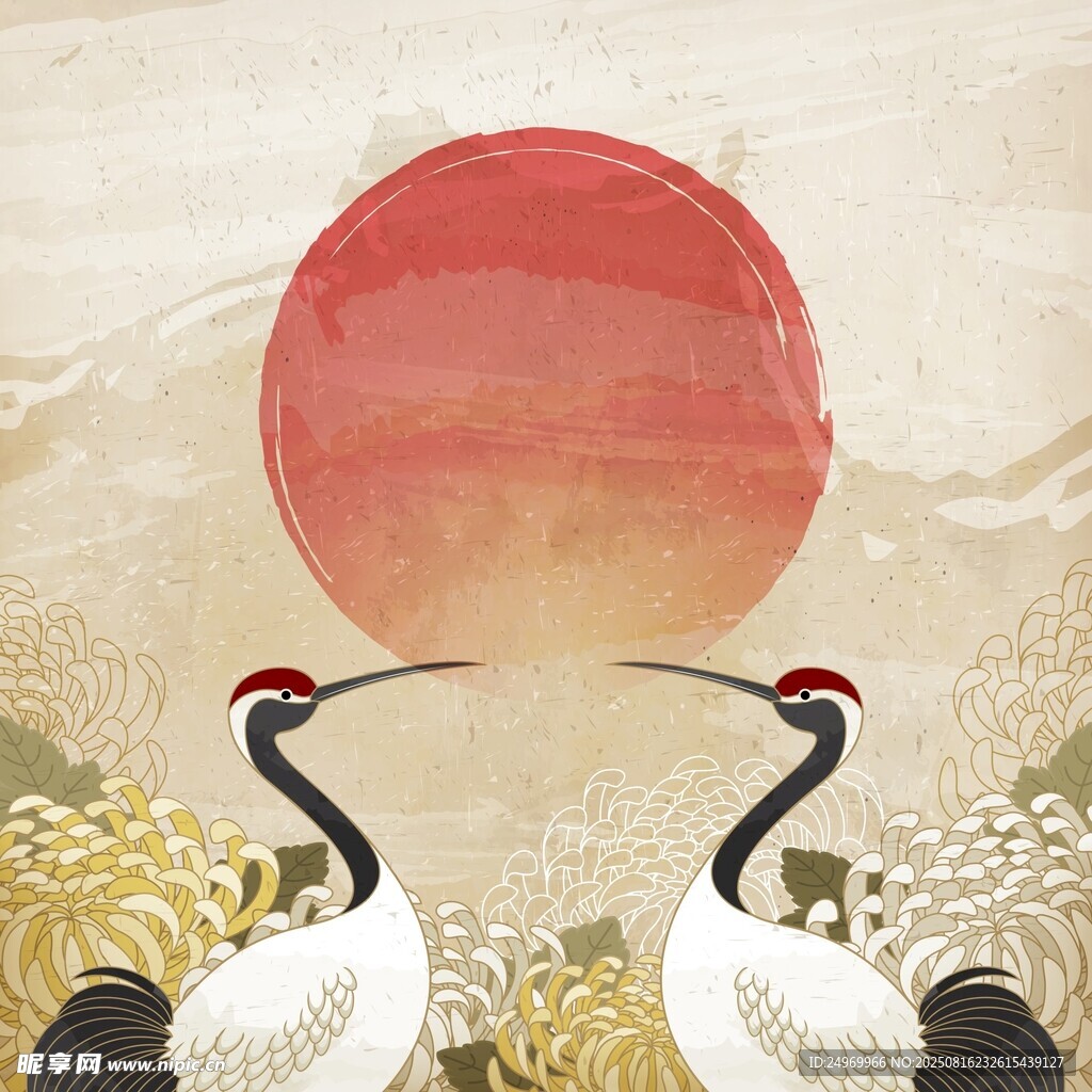 丹頂鶴伴紅日中式美景