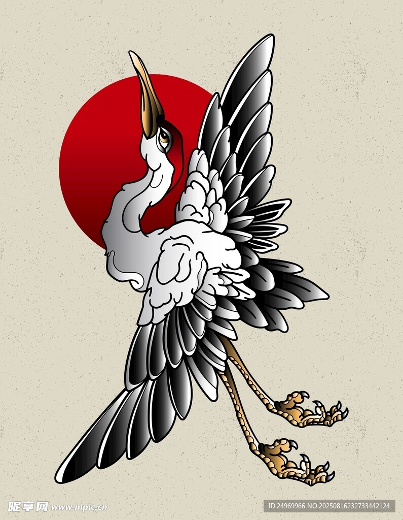 日式風(fēng)格仙鶴紅日紋身圖案