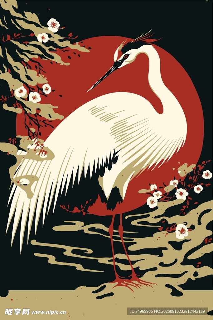 日式風(fēng)丹頂鶴花卉插畫