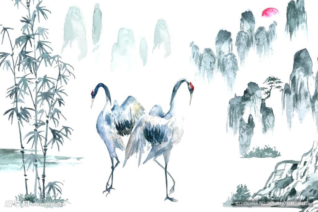 水墨雙鶴伴竹山水圖