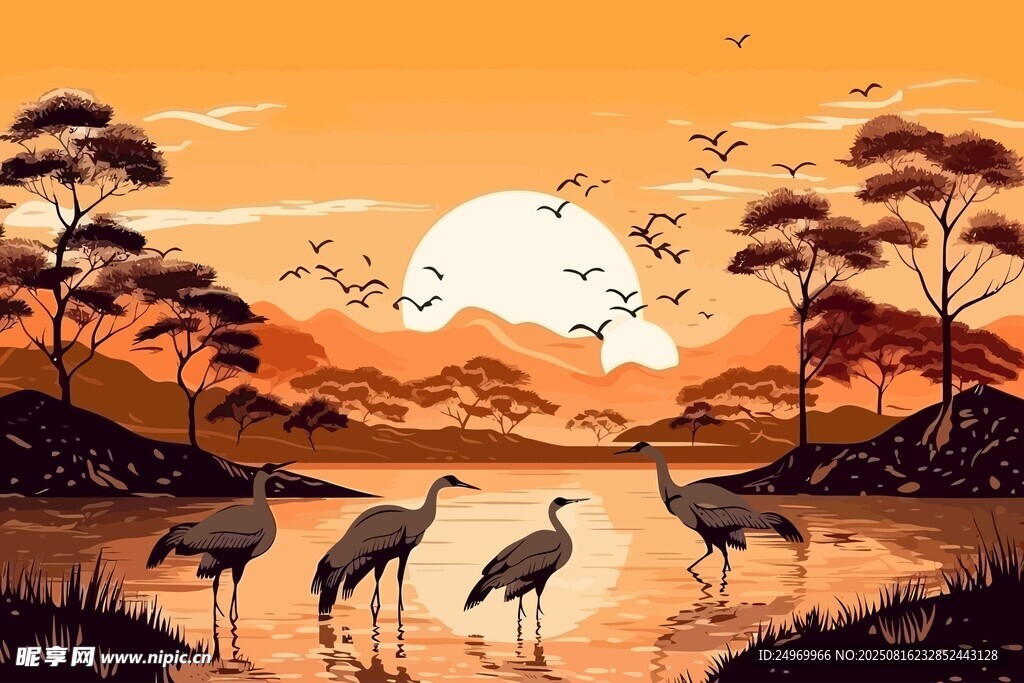 夕陽(yáng)下湖畔的優(yōu)雅飛鳥(niǎo)