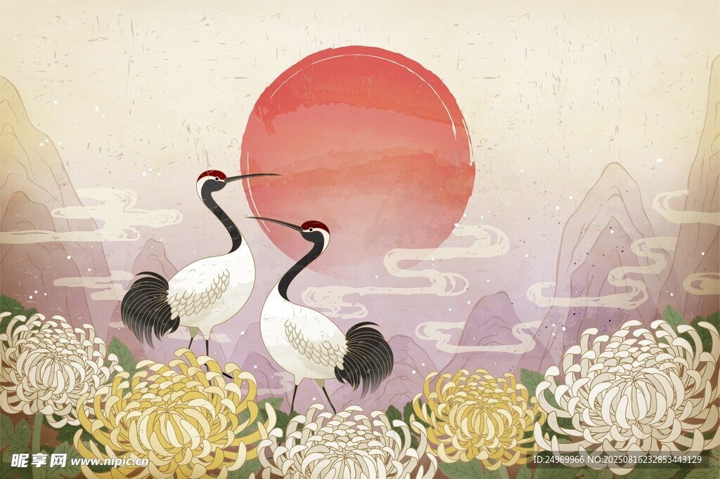 夕陽下雙鶴伴繁花