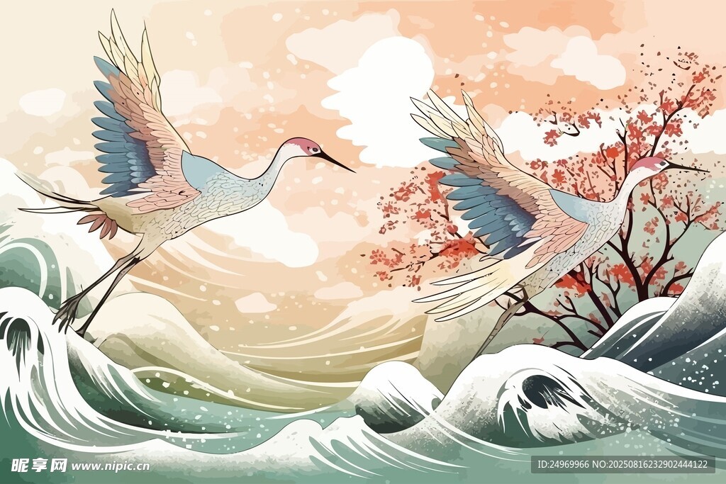 仙鶴戲浪圖