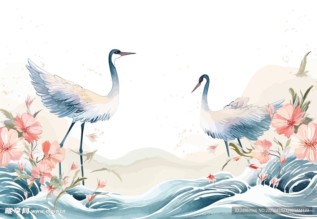 雙鶴戲浪伴繁花