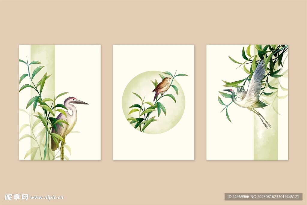 三聯(lián)中式翠竹花鳥裝飾畫