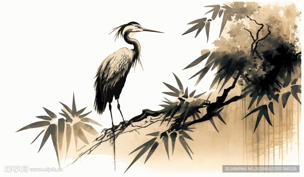 水墨風(fēng)竹枝上的優(yōu)雅鷺鳥