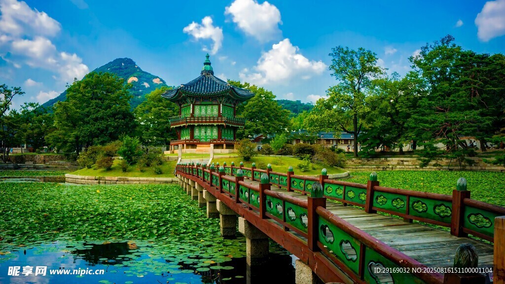 湖畔木橋旁的秀麗風(fēng)光