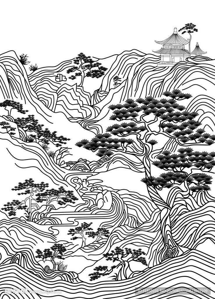 線性矢量山水松樹圖