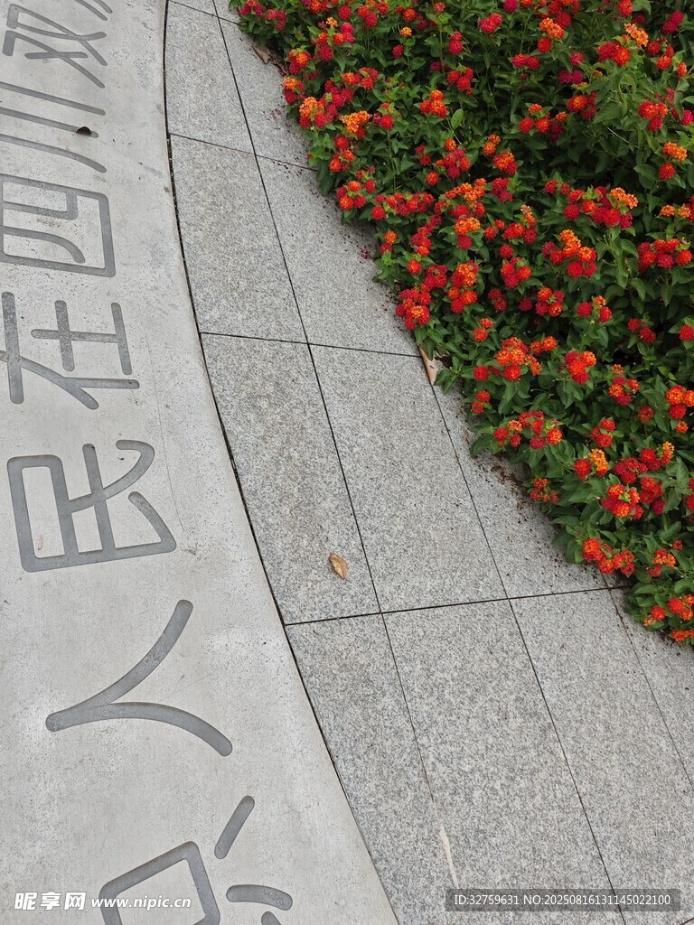 刻有文字旁的鮮艷花叢