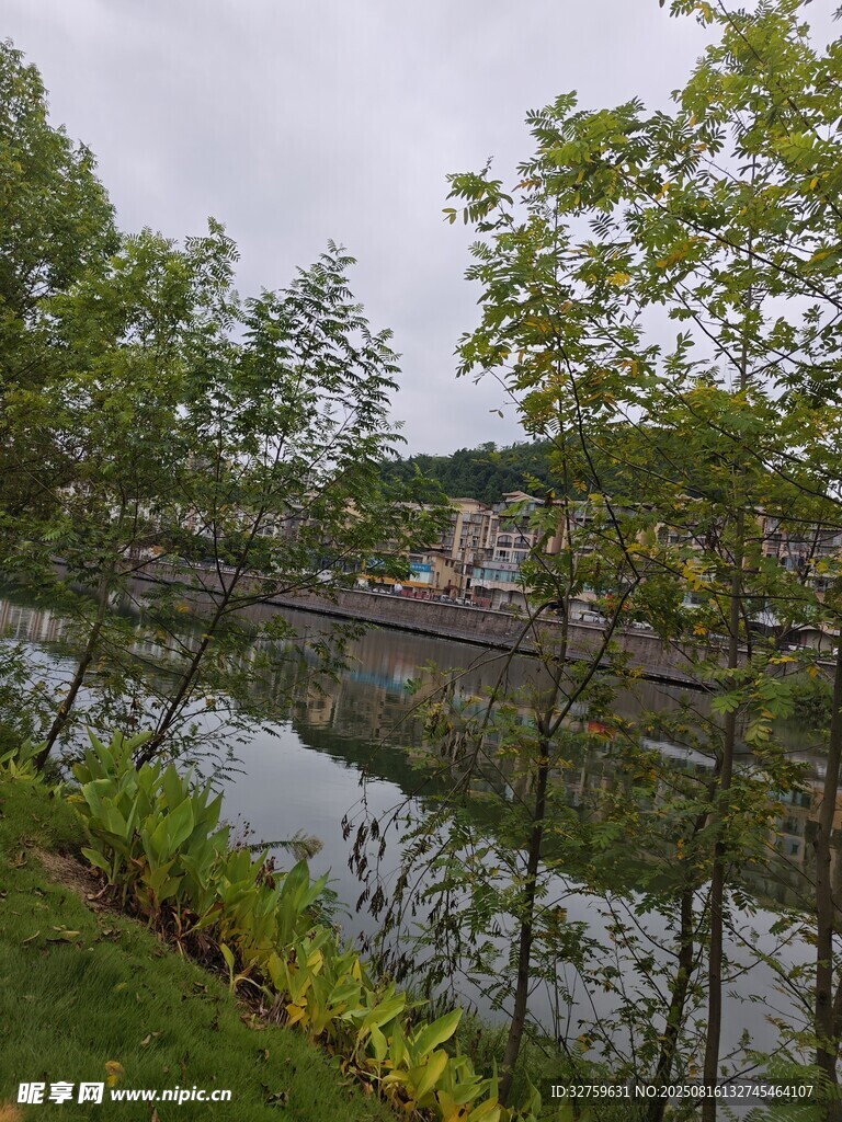 河畔綠樹環(huán)繞的寧?kù)o風(fēng)景