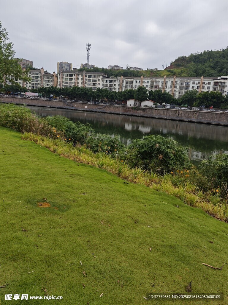 河畔草地旁的城市建筑景觀