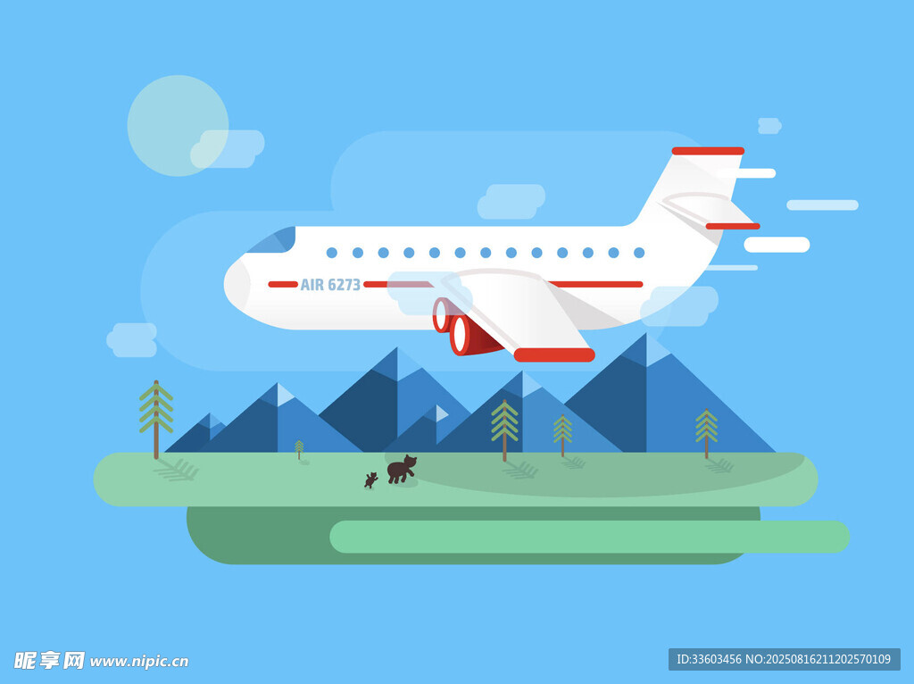 飛機飛越山川風景圖