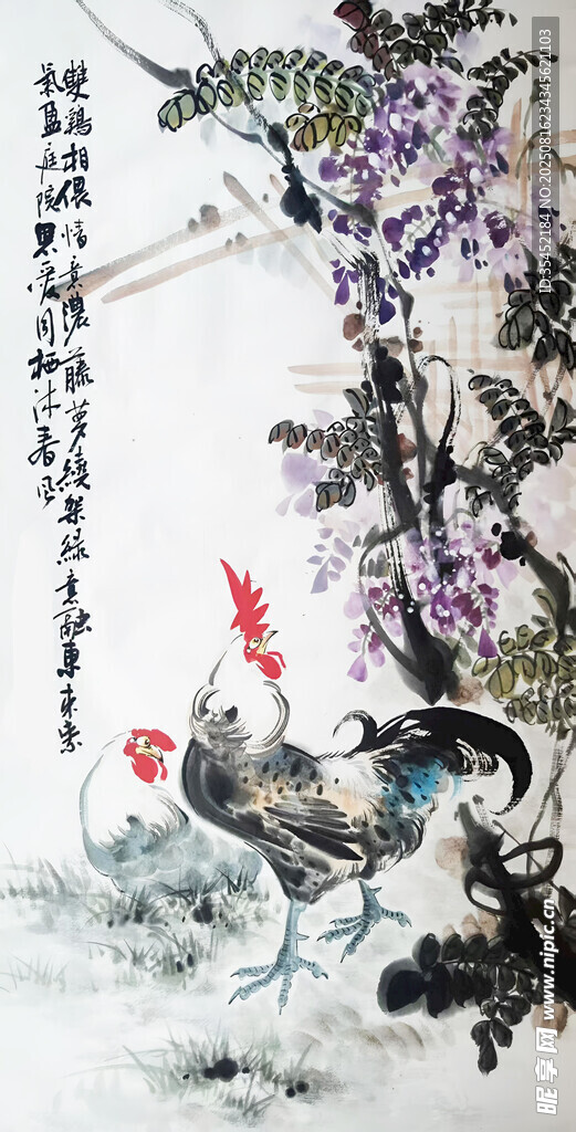 紫藤雙雞圖