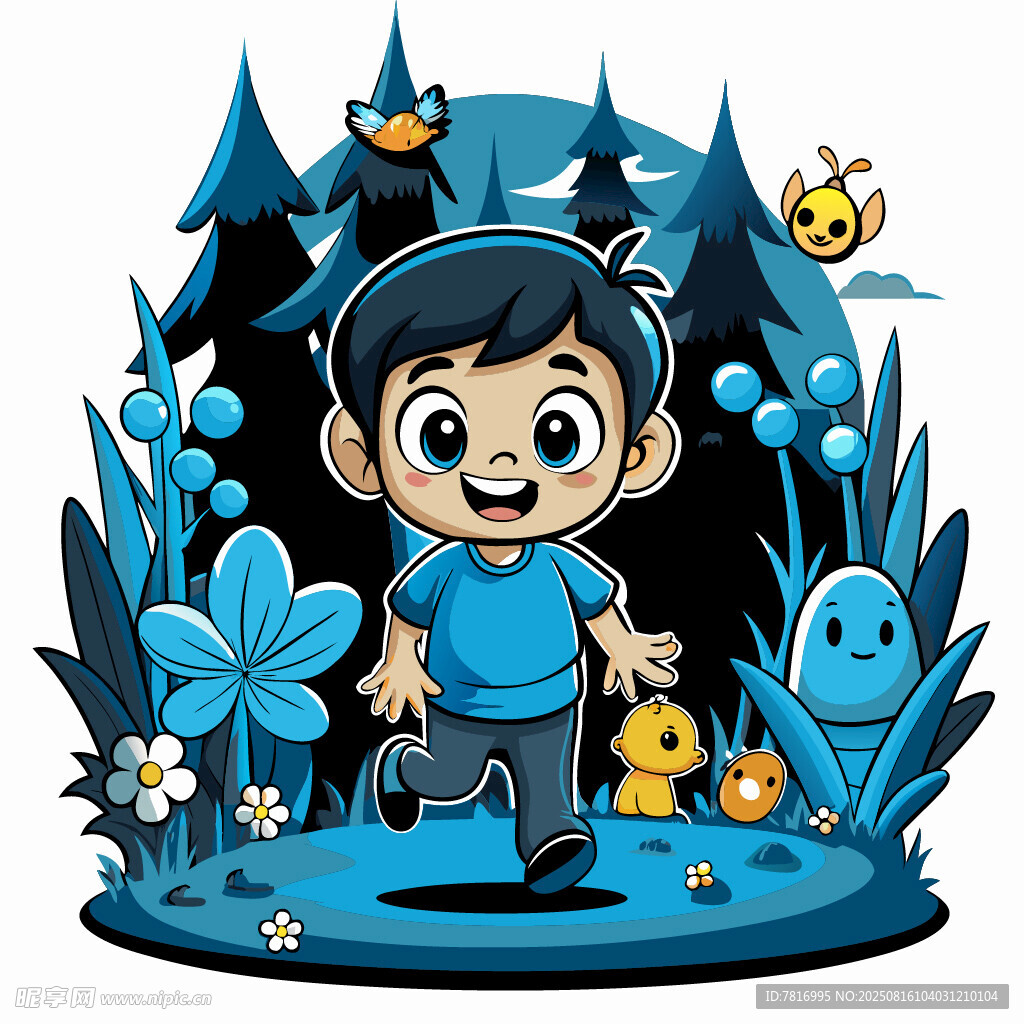 男孩在奇幻森林中玩耍