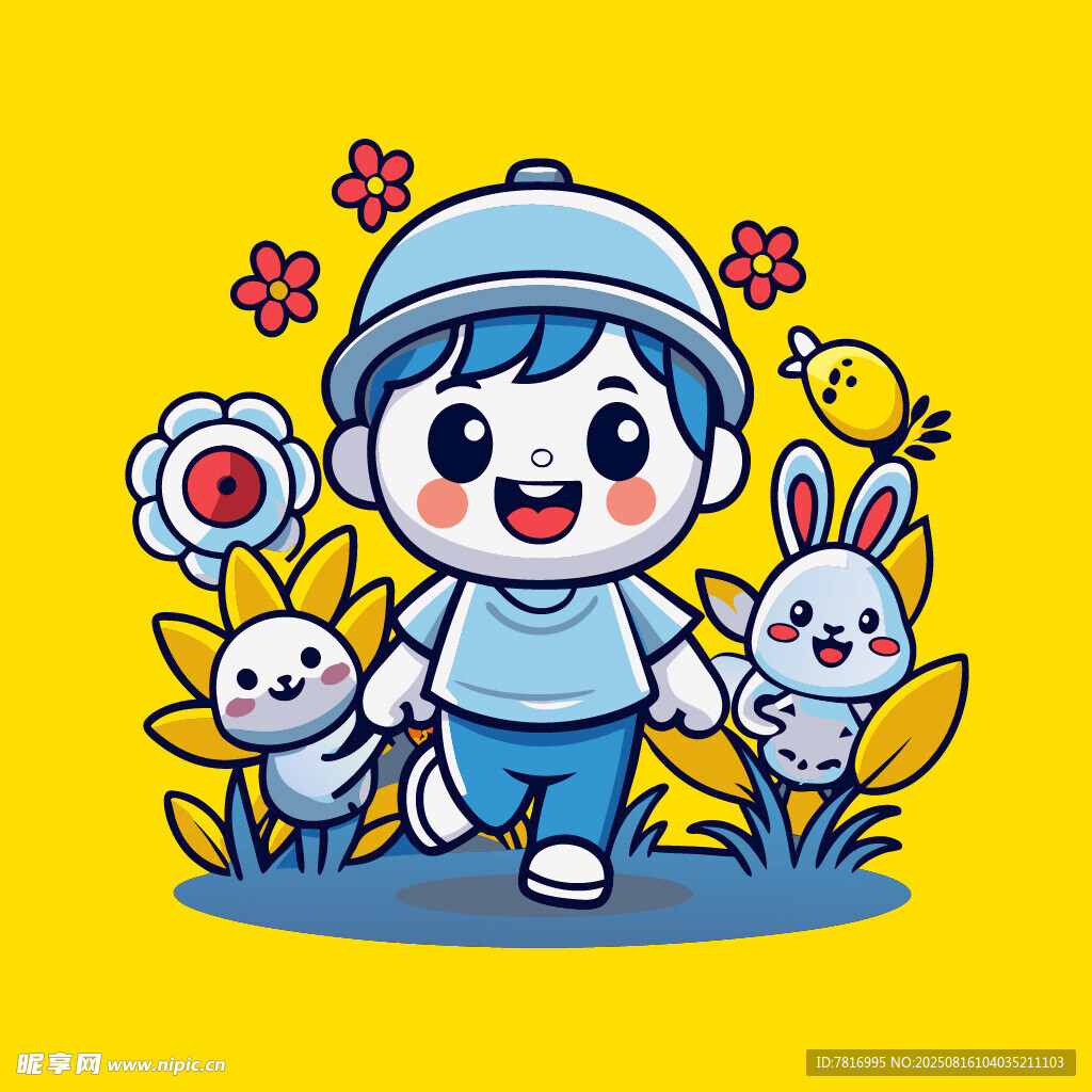 快樂(lè)小孩與動(dòng)物花叢相伴