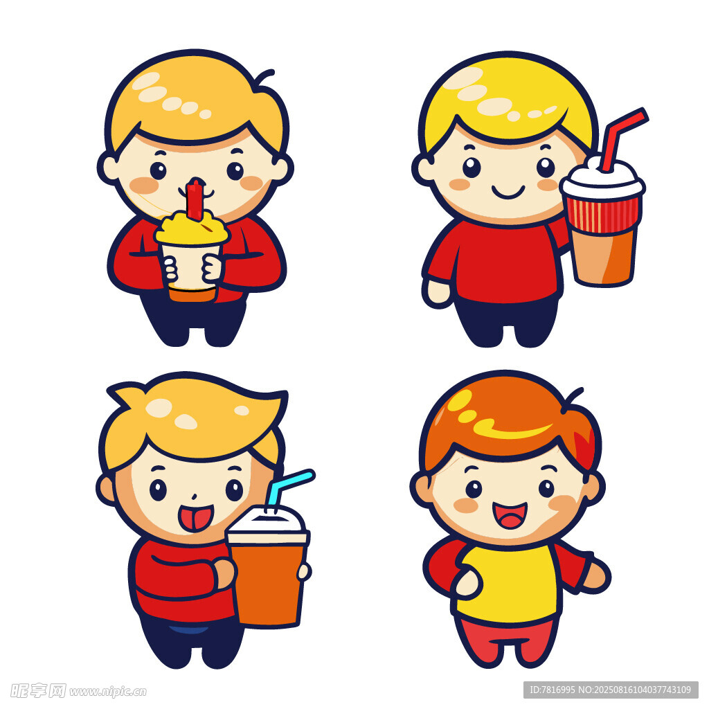 可愛卡通男孩與美食飲品