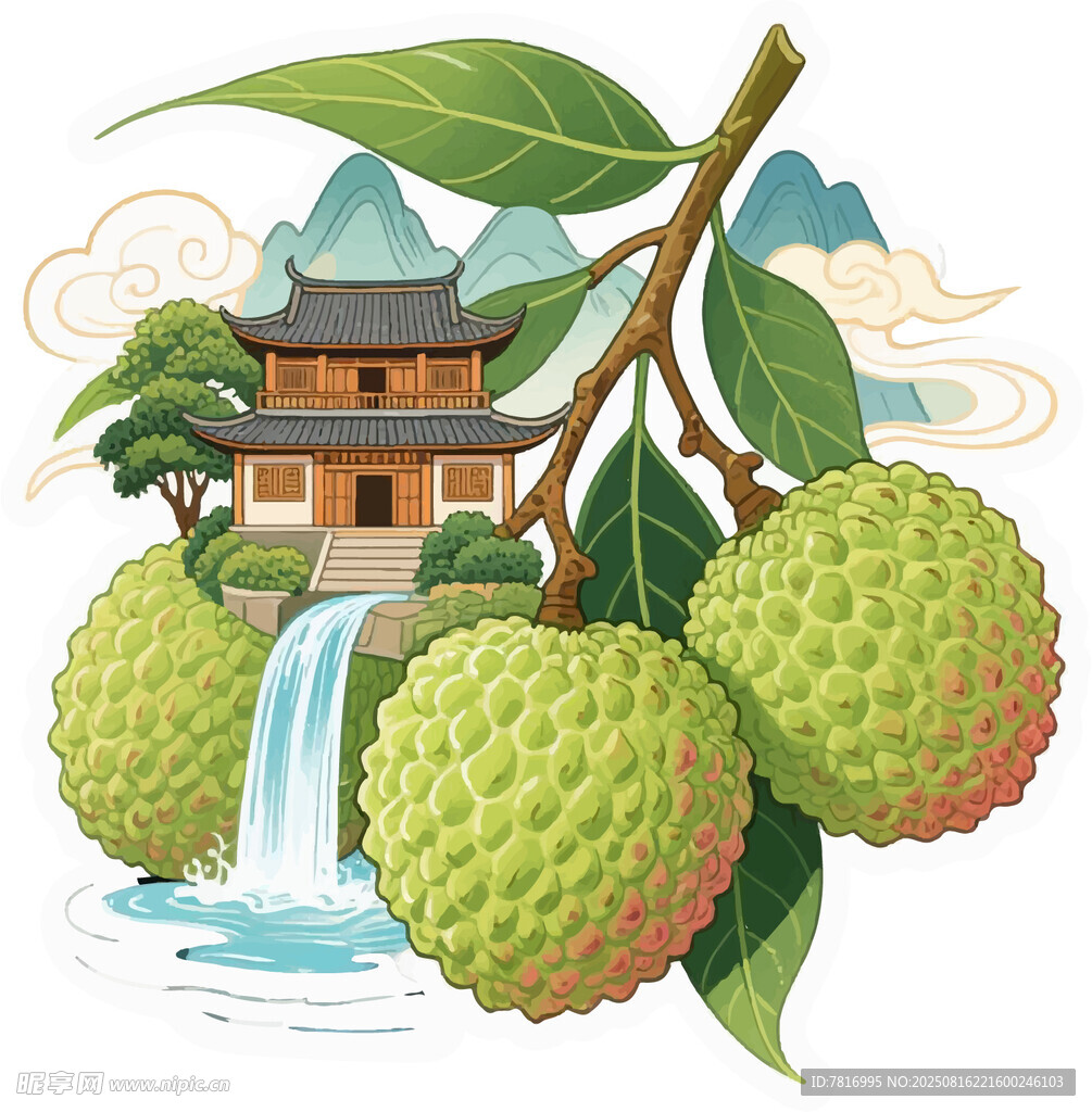 荔枝與中式美景插畫(huà)