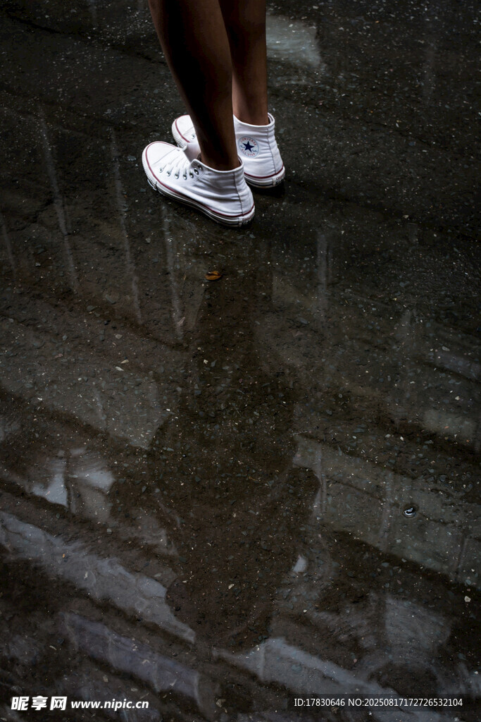 雨中行人的鞋與積水倒影