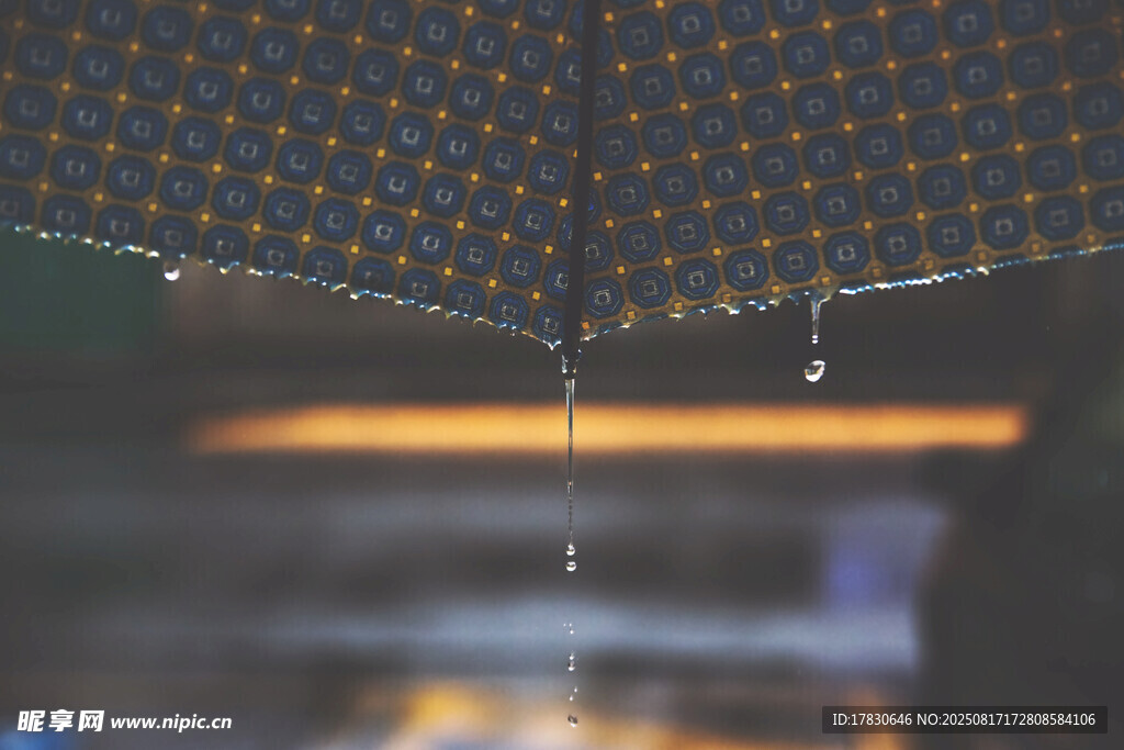 雨中傘尖滴落晶瑩水珠