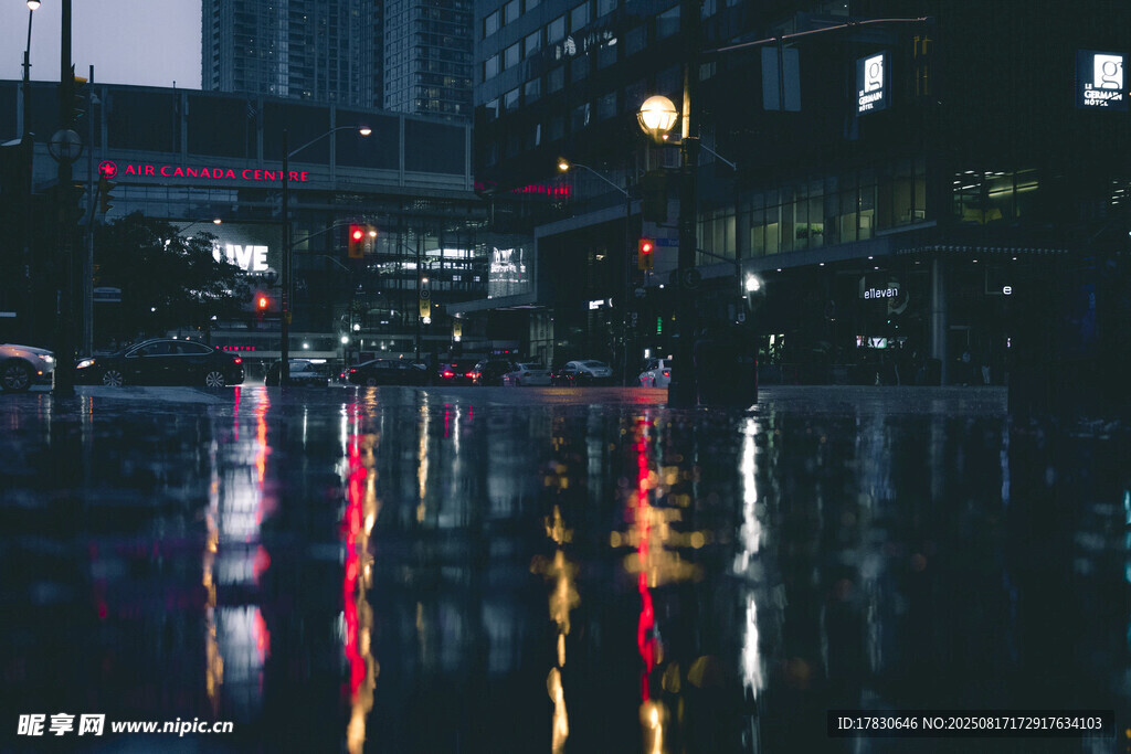 雨夜城市街道的絢麗倒影