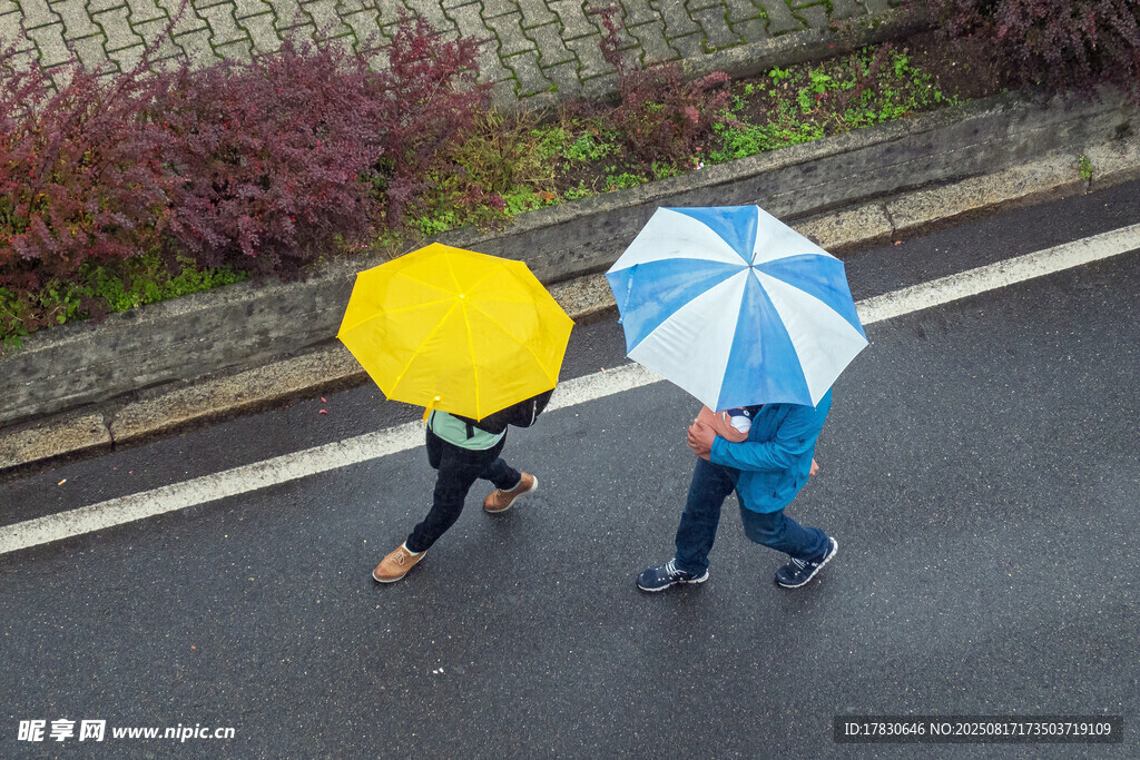 雨中撐傘漫步的兩人