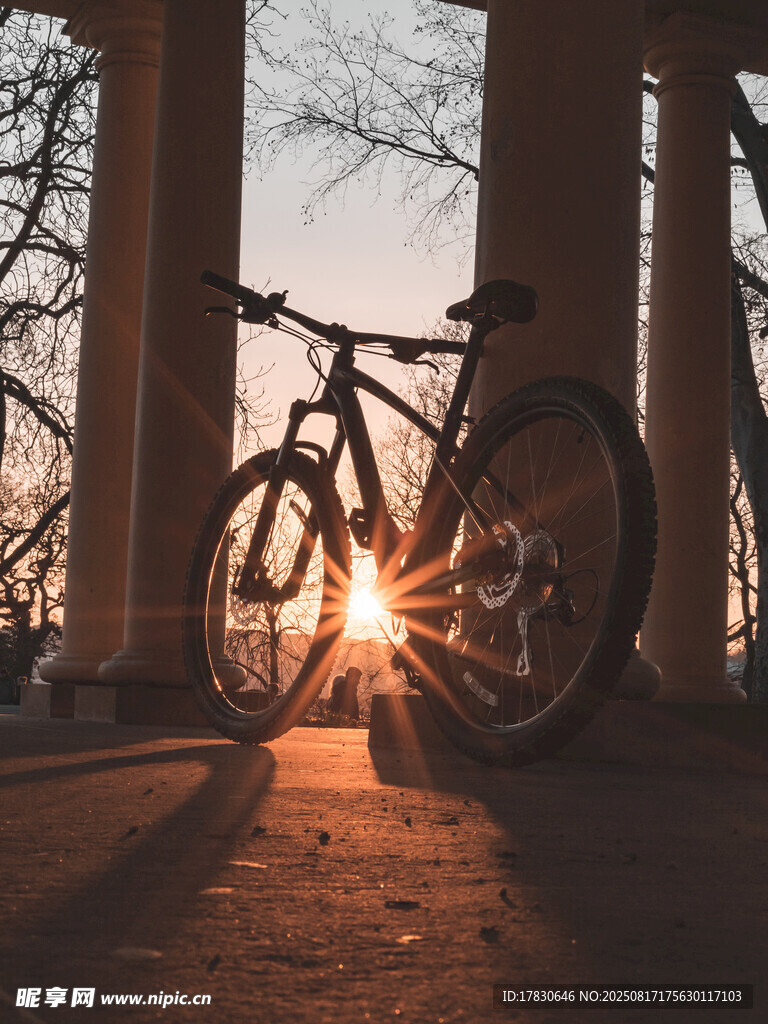 夕陽下自行車倚于柱旁