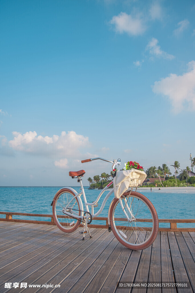 海邊木棧道上的復(fù)古自行車