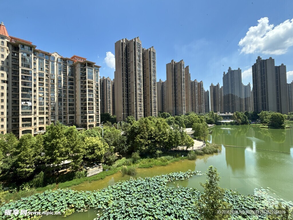 湖畔高樓林立的城市風(fēng)光